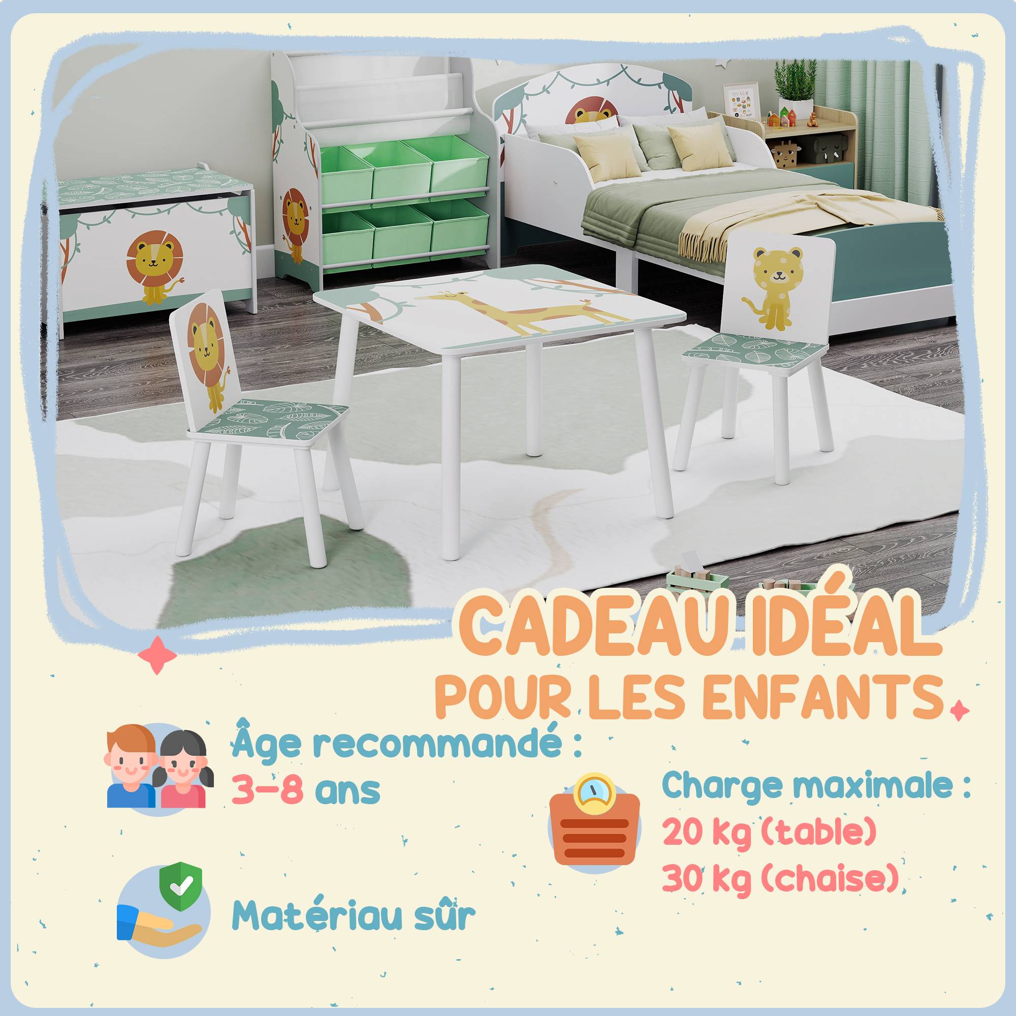 Table enfant avec chaise, ensemble table et 2 chaises bois motifs animaux, 60×60×44 cm, vert - Image 9