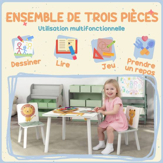 Table enfant avec chaise, ensemble table et 2 chaises bois motifs animaux, 60×60×44 cm, vert - Image 6