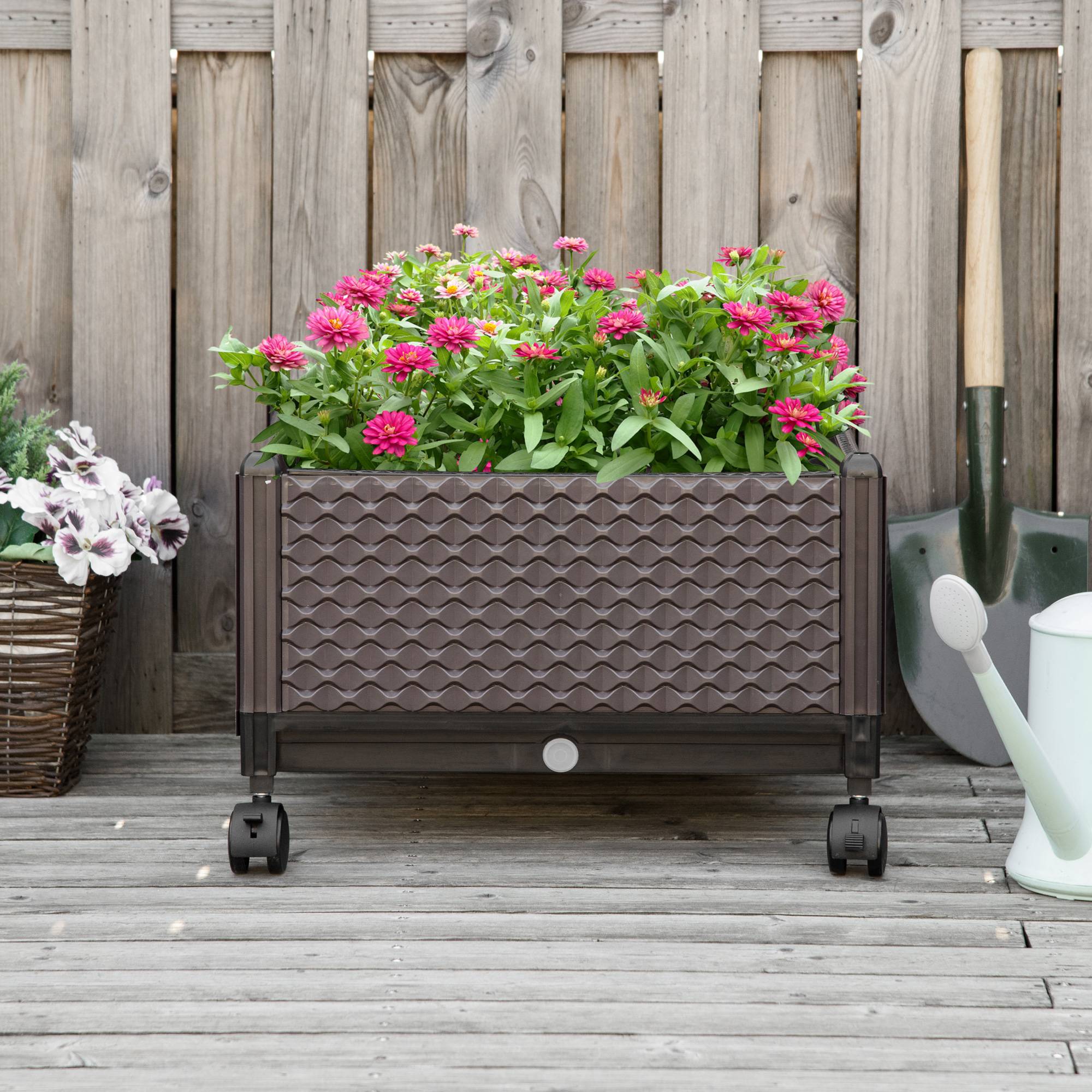 Sans Marque - Pot fleurs plastique roulettes drainage extérieur 50x50x33 cm Marron - Image 4