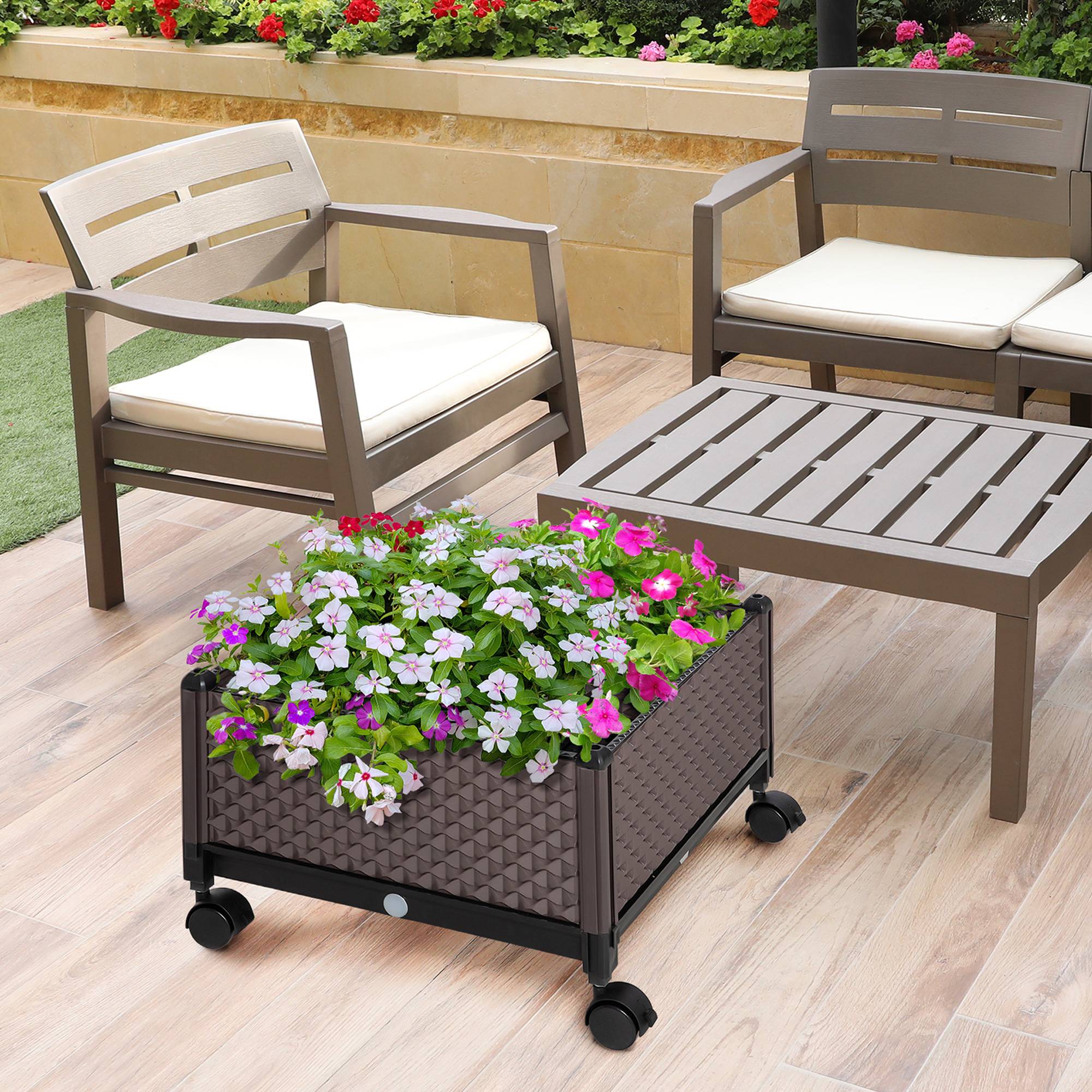 Sans Marque - Pot fleurs plastique roulettes drainage extérieur 50x50x33 cm Marron - Image 3