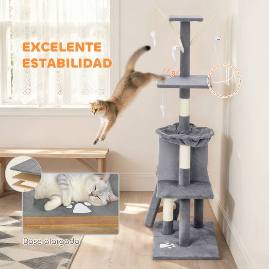Arbre à chat à griffer, 134 cm de haut, avec 6 poteaux, 3 plateformes, une grotte, un hamac, une échelle et 4 jouets suspendus, gris - Image 8