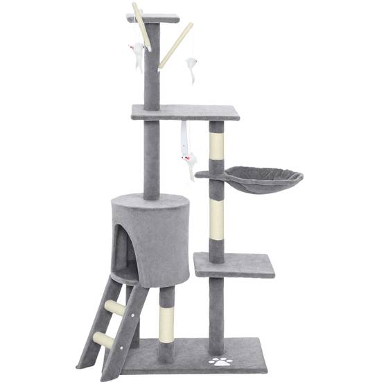 Arbre à chat à griffer, 134 cm de haut, avec 6 poteaux, 3 plateformes, une grotte, un hamac, une échelle et 4 jouets suspendus, gris - Image 2