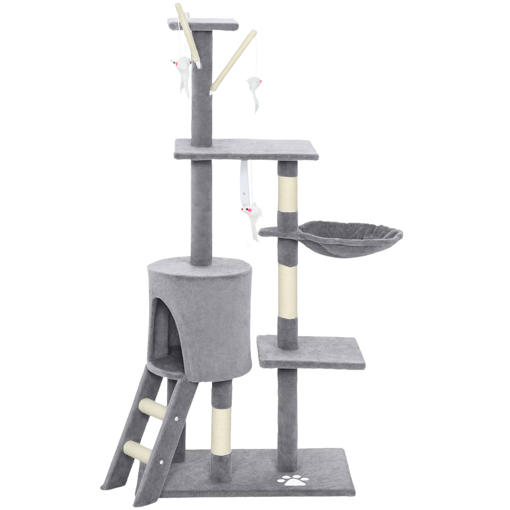 Arbre à chat à griffer, 134 cm de haut, avec 6 poteaux, 3 plateformes, une grotte, un hamac, une échelle et 4 jouets suspendus, gris - Image 2