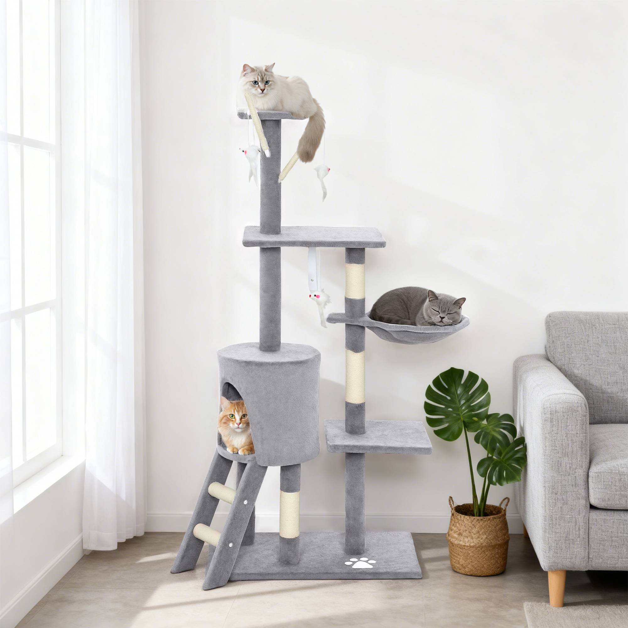 Arbre à chat à griffer, 134 cm de haut, avec 6 poteaux, 3 plateformes, une grotte, un hamac, une échelle et 4 jouets suspendus, gris - Image 4