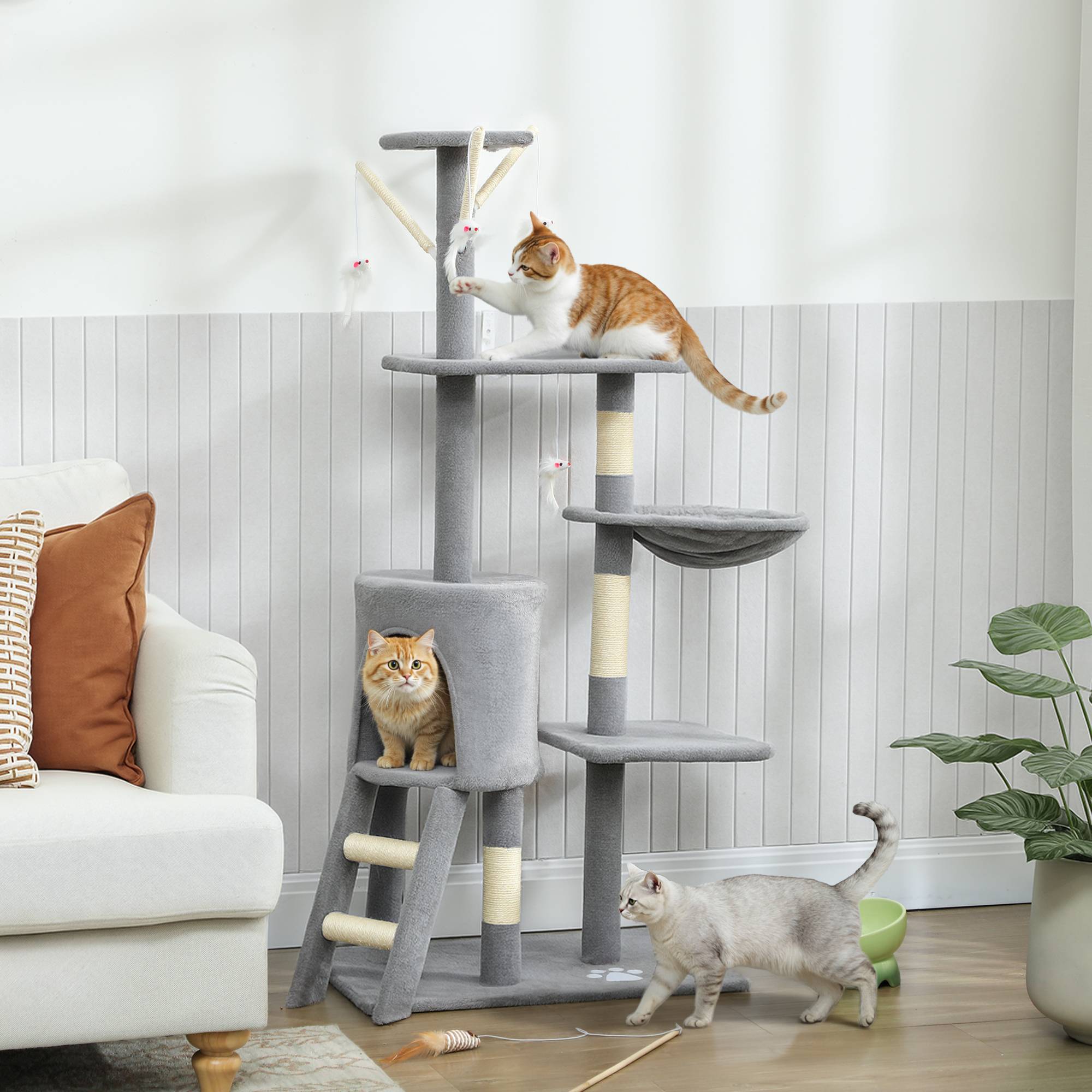 Arbre à chat à griffer, 134 cm de haut, avec 6 poteaux, 3 plateformes, une grotte, un hamac, une échelle et 4 jouets suspendus, gris - Image 3