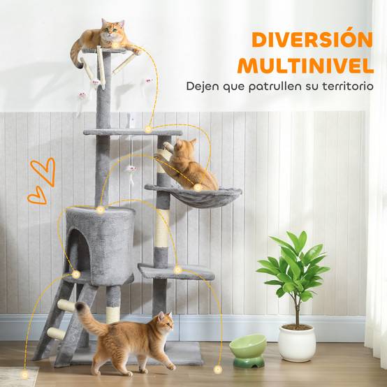 Arbre à chat à griffer, 134 cm de haut, avec 6 poteaux, 3 plateformes, une grotte, un hamac, une échelle et 4 jouets suspendus, gris - Image 6