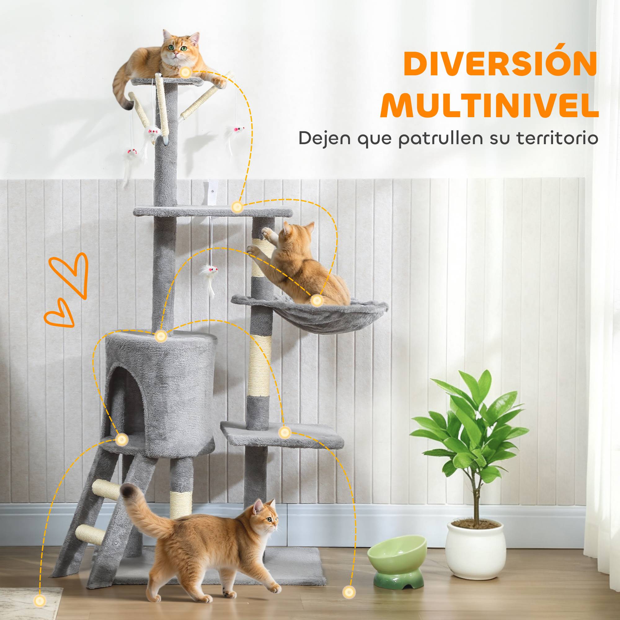 Arbre à chat à griffer, 134 cm de haut, avec 6 poteaux, 3 plateformes, une grotte, un hamac, une échelle et 4 jouets suspendus, gris - Image 6