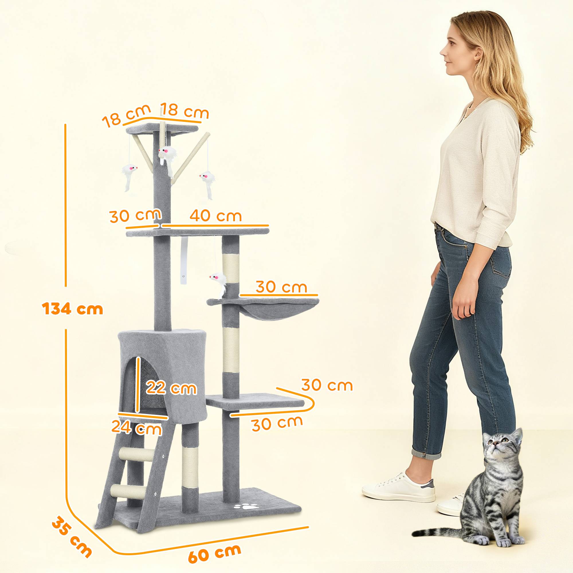 Arbre à chat à griffer, 134 cm de haut, avec 6 poteaux, 3 plateformes, une grotte, un hamac, une échelle et 4 jouets suspendus, gris - Image 5