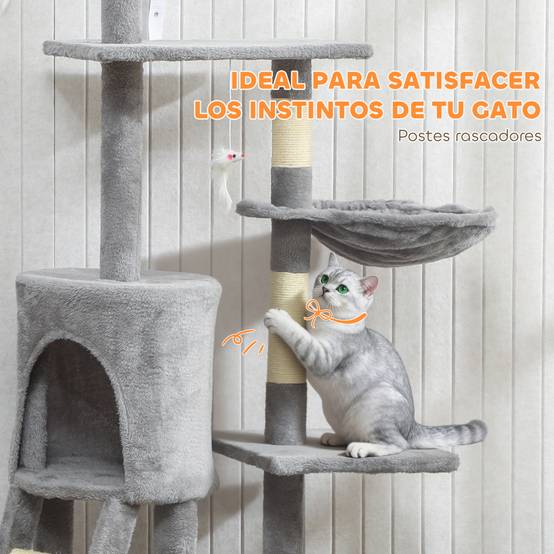 Arbre à chat à griffer, 134 cm de haut, avec 6 poteaux, 3 plateformes, une grotte, un hamac, une échelle et 4 jouets suspendus, gris - Image 9