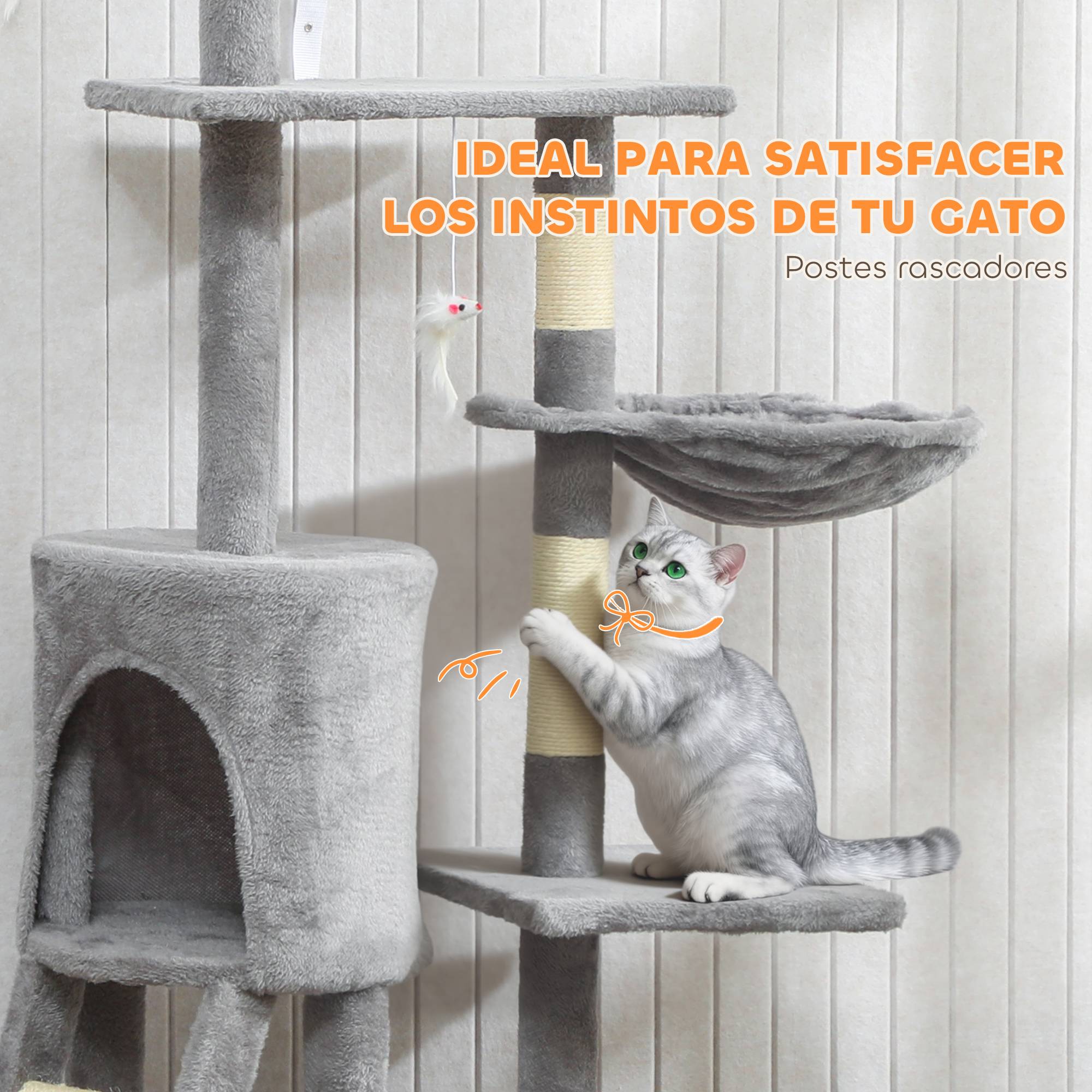 Arbre à chat à griffer, 134 cm de haut, avec 6 poteaux, 3 plateformes, une grotte, un hamac, une échelle et 4 jouets suspendus, gris - Image 9