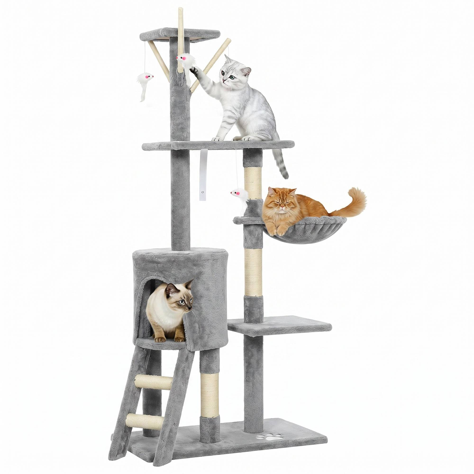 Arbre à chat à griffer, 134 cm de haut, avec 6 poteaux, 3 plateformes, une grotte, un hamac, une échelle et 4 jouets suspendus, gris - Image 1