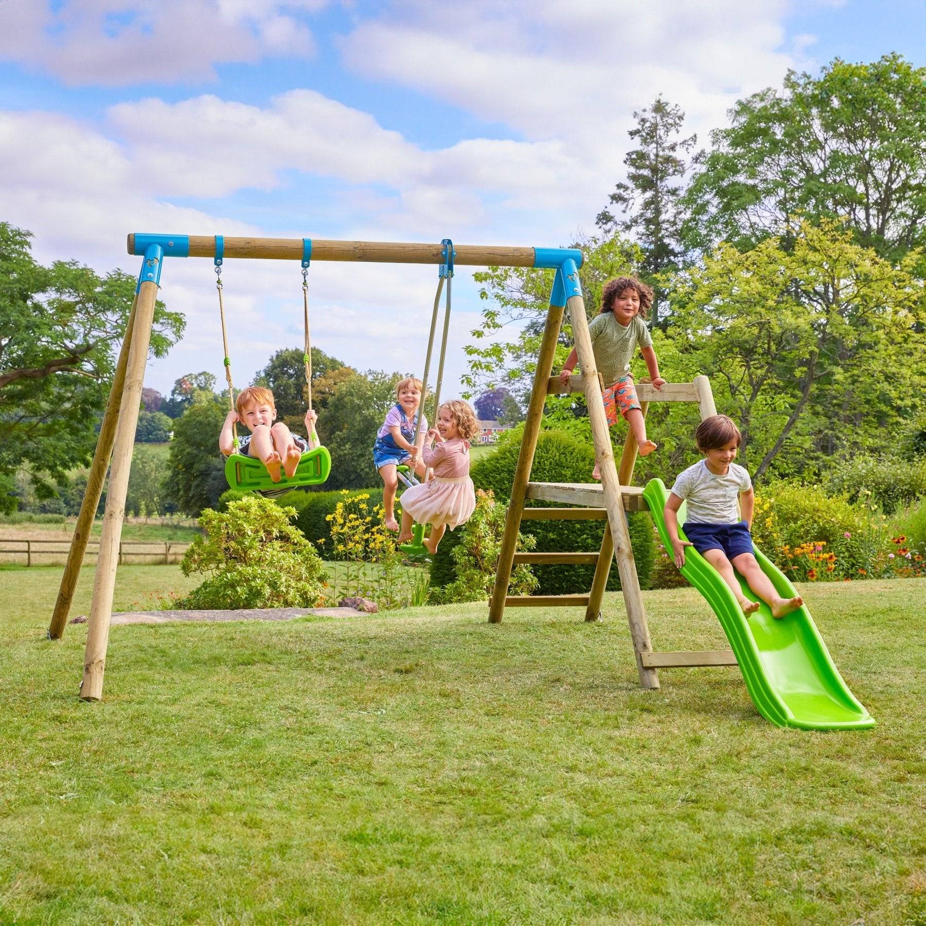 Tp Toys - Station PALMIER balançoire - vis-à-vis - toboggan - kit d'ancrage - bois FSC® h209 cm - Imagen 2