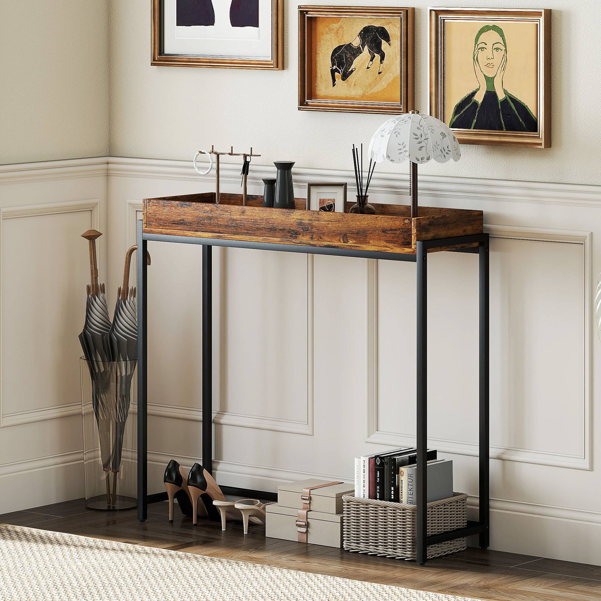 Table d'entrée, console étroite, métal, panneaux de particules, brun rustique - Image 5