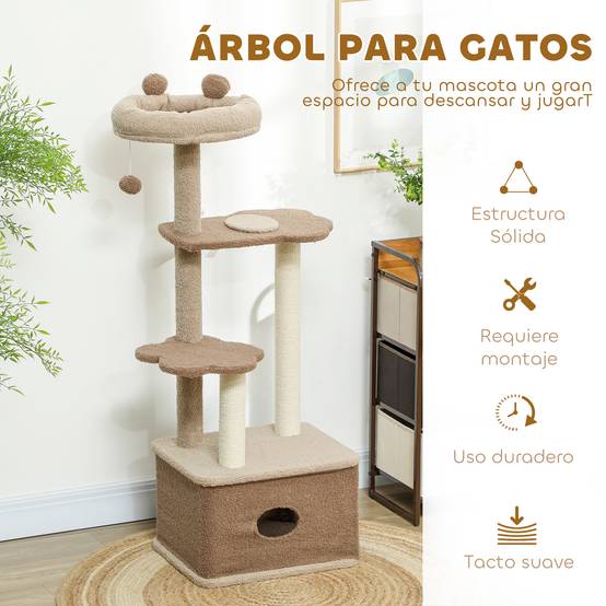 Arbre à Chat Design en Bois Cachemire avec Niche et Griffoir en Jute 133 cm Café - ComfortXL Outdoor Living - Image 7