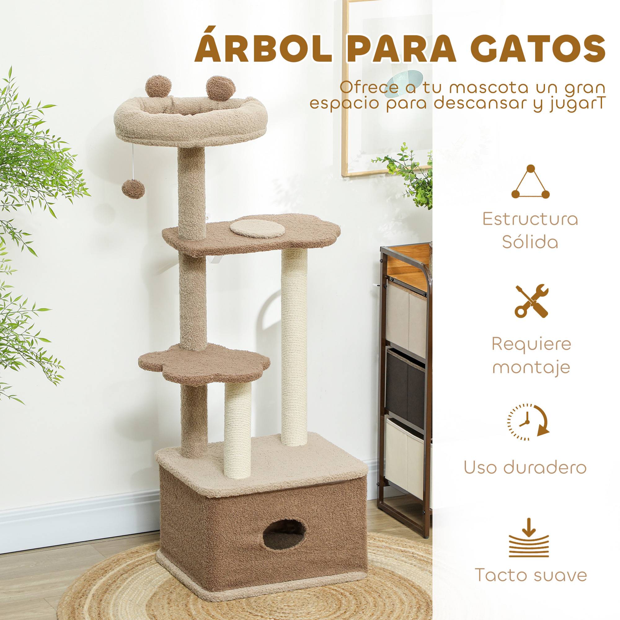 Arbre à Chat Design en Bois Cachemire avec Niche et Griffoir en Jute 133 cm Café - ComfortXL Outdoor Living - Image 7