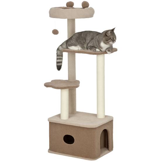 Arbre à Chat Design en Bois Cachemire avec Niche et Griffoir en Jute 133 cm Café - ComfortXL Outdoor Living - Image 1