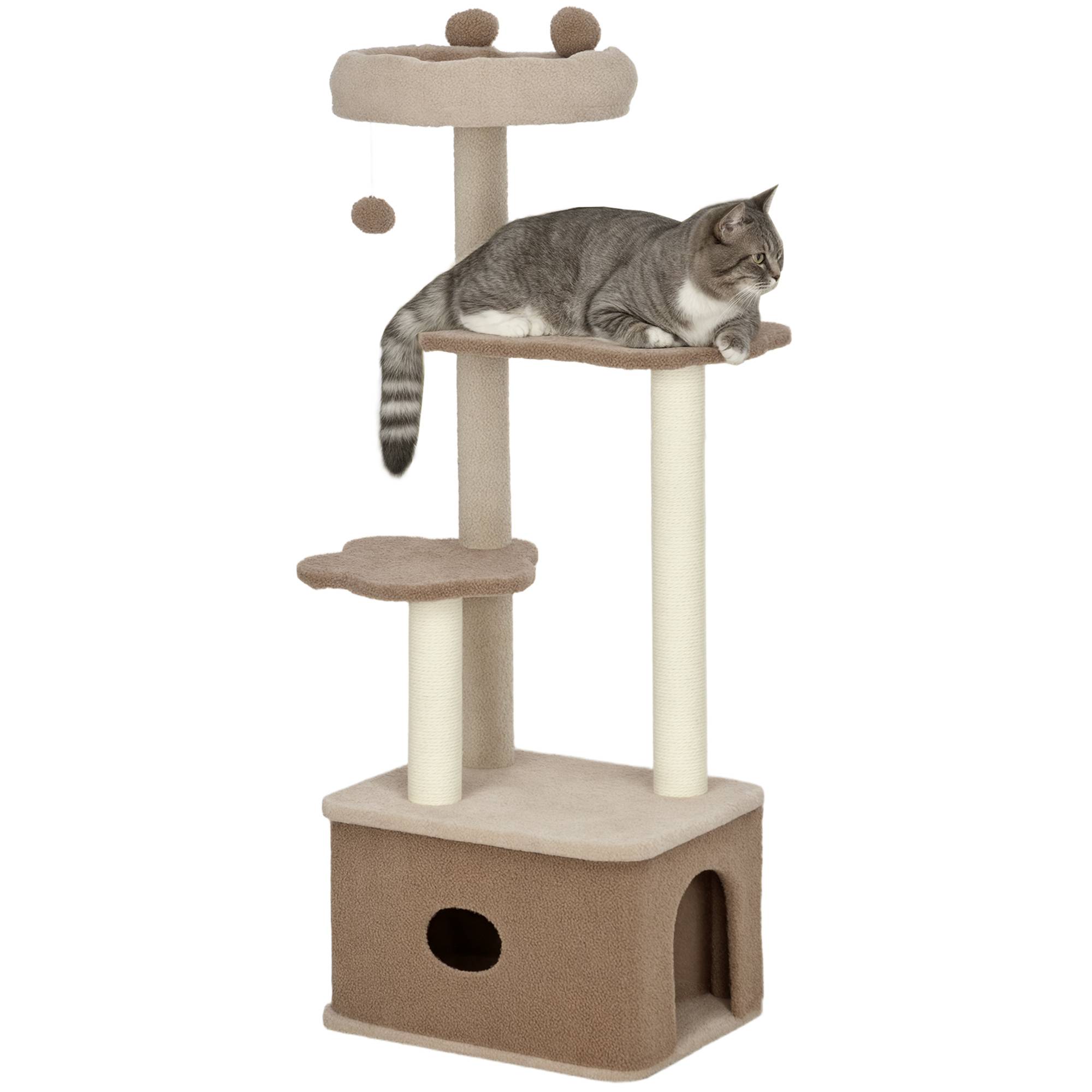 Arbre à Chat Design en Bois Cachemire avec Niche et Griffoir en Jute 133 cm Café - ComfortXL Outdoor Living - Image 1