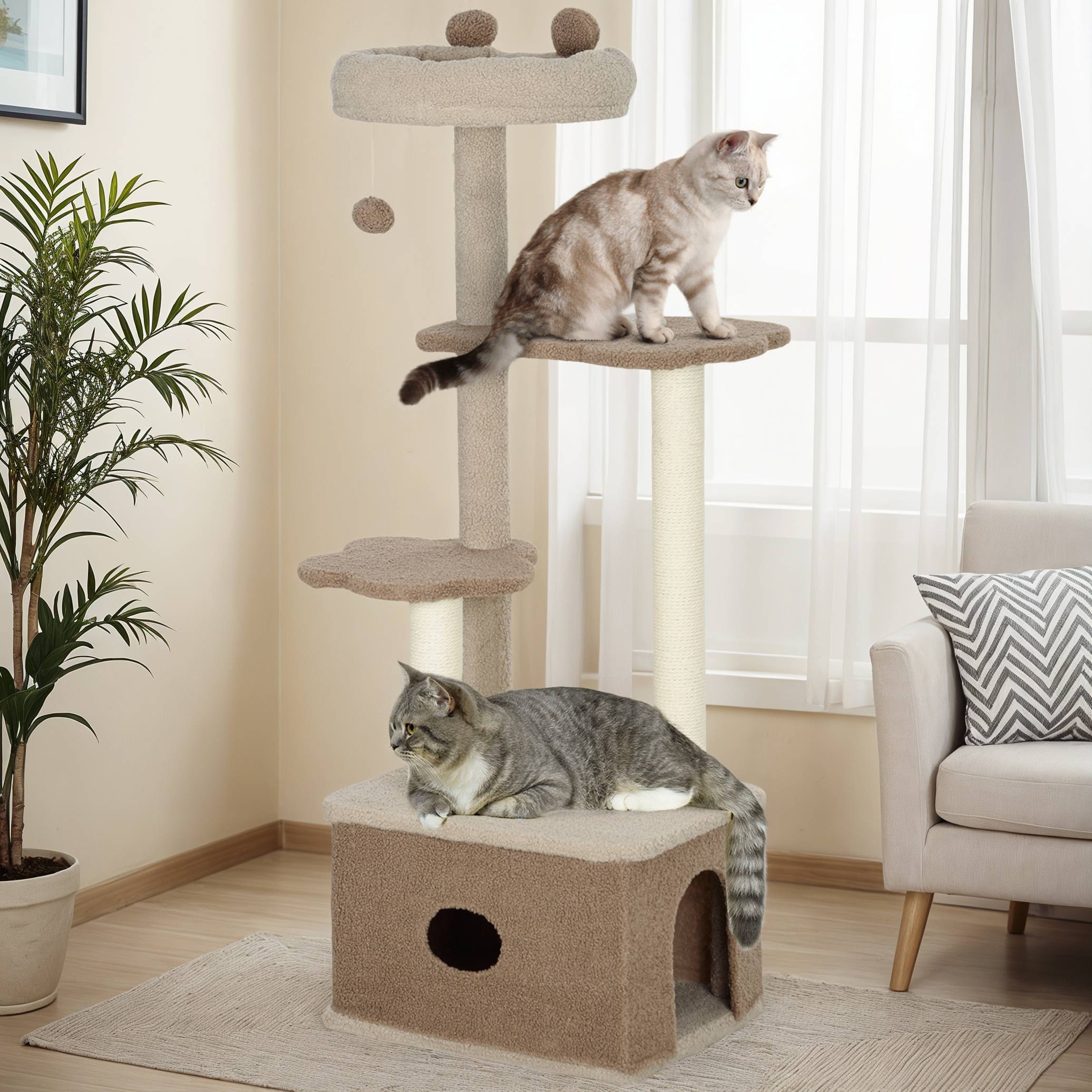 Arbre à Chat Design en Bois Cachemire avec Niche et Griffoir en Jute 133 cm Café - ComfortXL Outdoor Living - Image 3