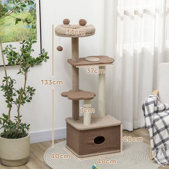 Arbre à Chat Design en Bois Cachemire avec Niche et Griffoir en Jute 133 cm Café - ComfortXL Outdoor Living - Image 5
