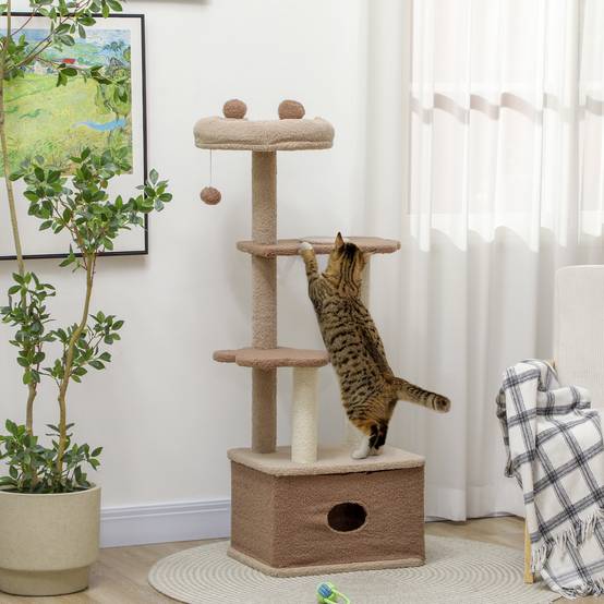 Arbre à Chat Design en Bois Cachemire avec Niche et Griffoir en Jute 133 cm Café - ComfortXL Outdoor Living - Image 4