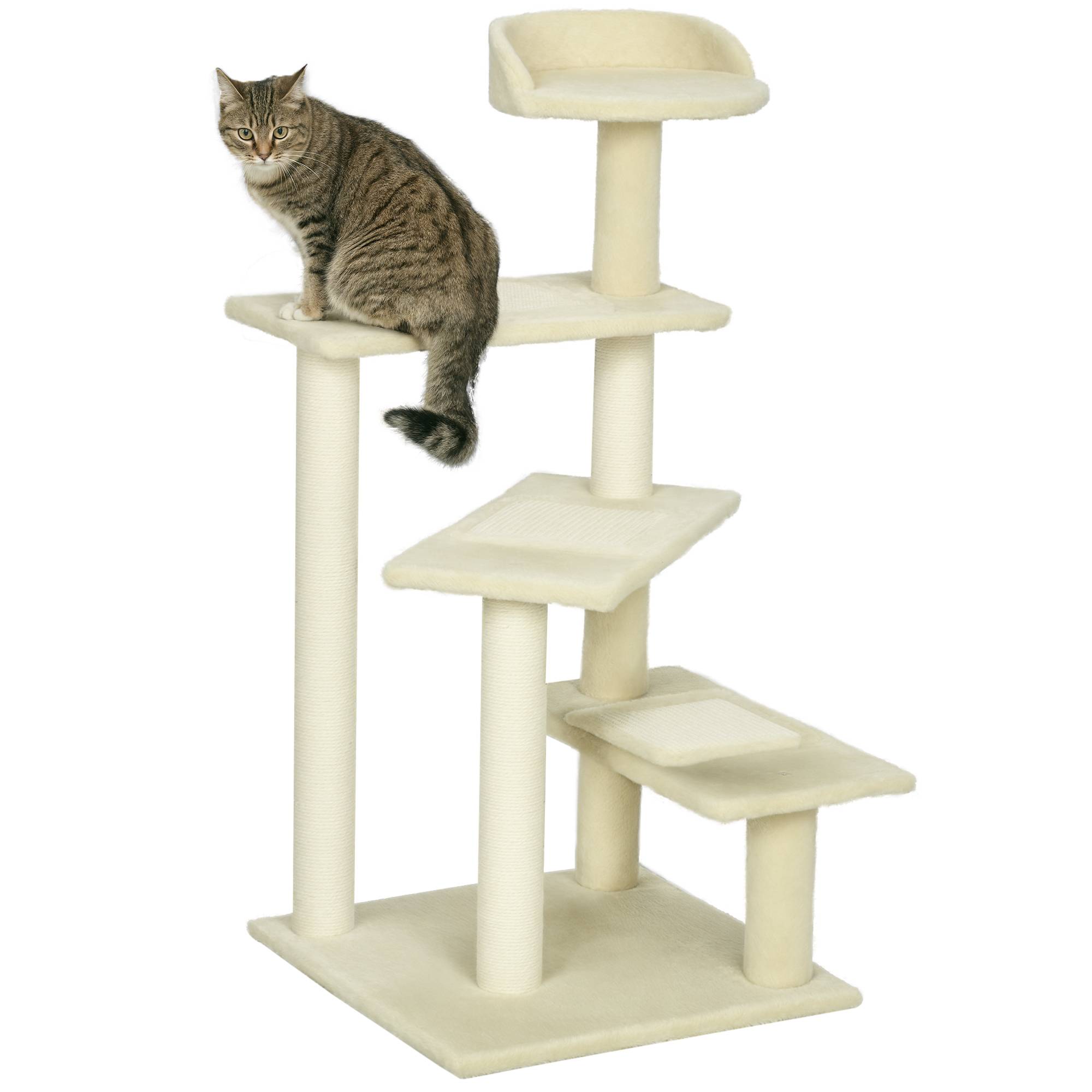 Arbre à chat PawHut 100 cm, tour avec poteaux sisal, grande plateforme, plusieurs niveaux, beige - Image 1