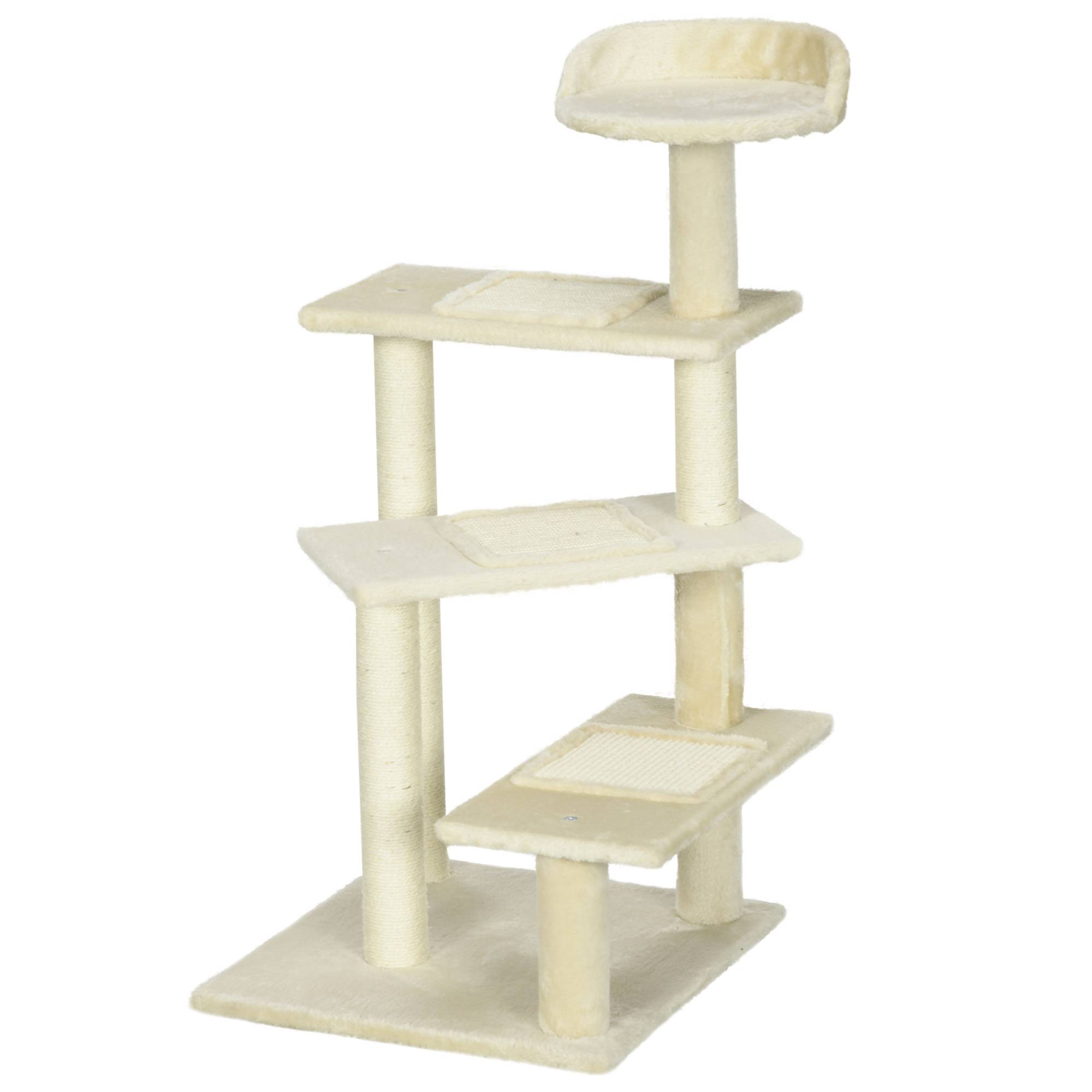 Arbre à chat PawHut 100 cm, tour avec poteaux sisal, grande plateforme, plusieurs niveaux, beige - Image 2