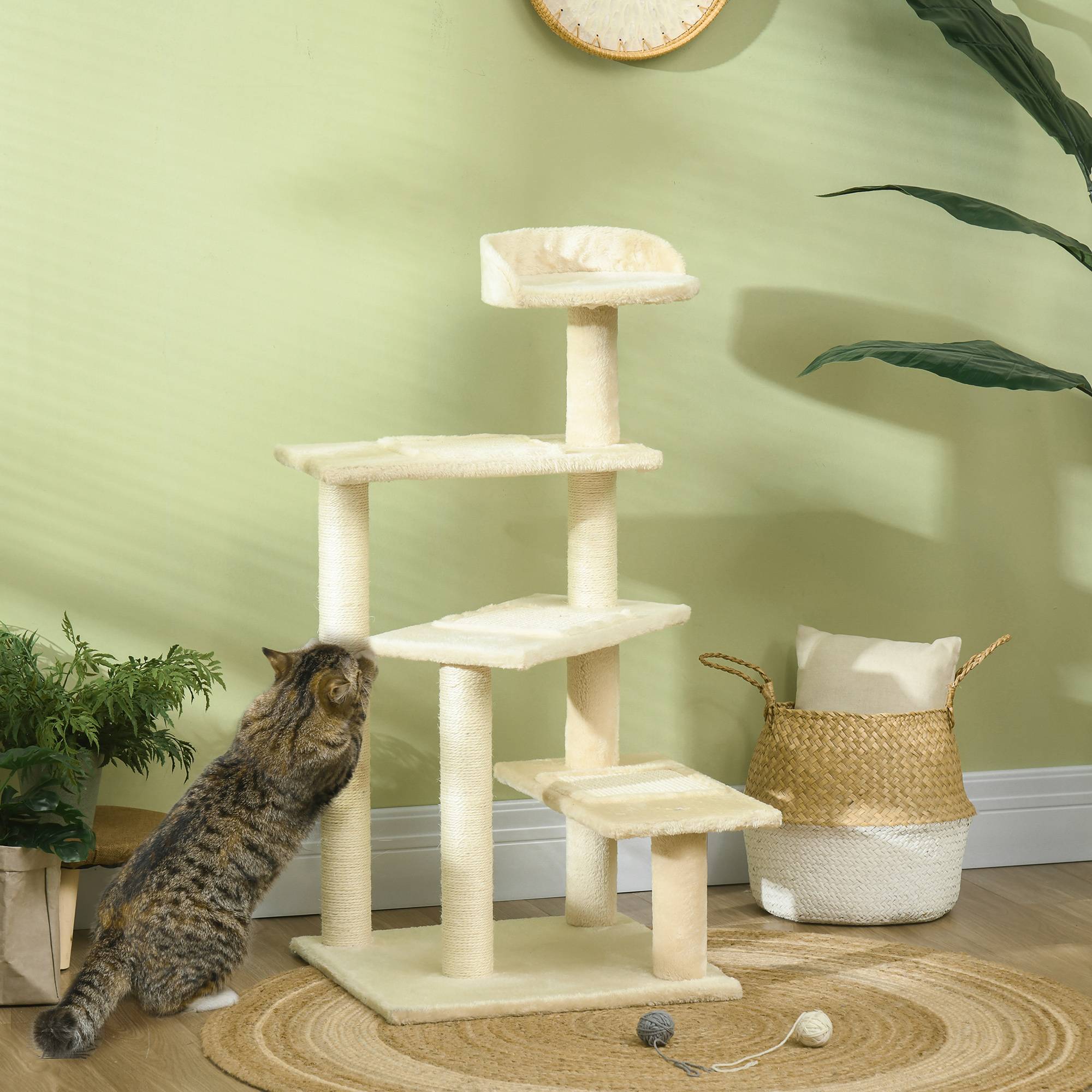 Arbre à chat PawHut 100 cm, tour avec poteaux sisal, grande plateforme, plusieurs niveaux, beige - Image 4