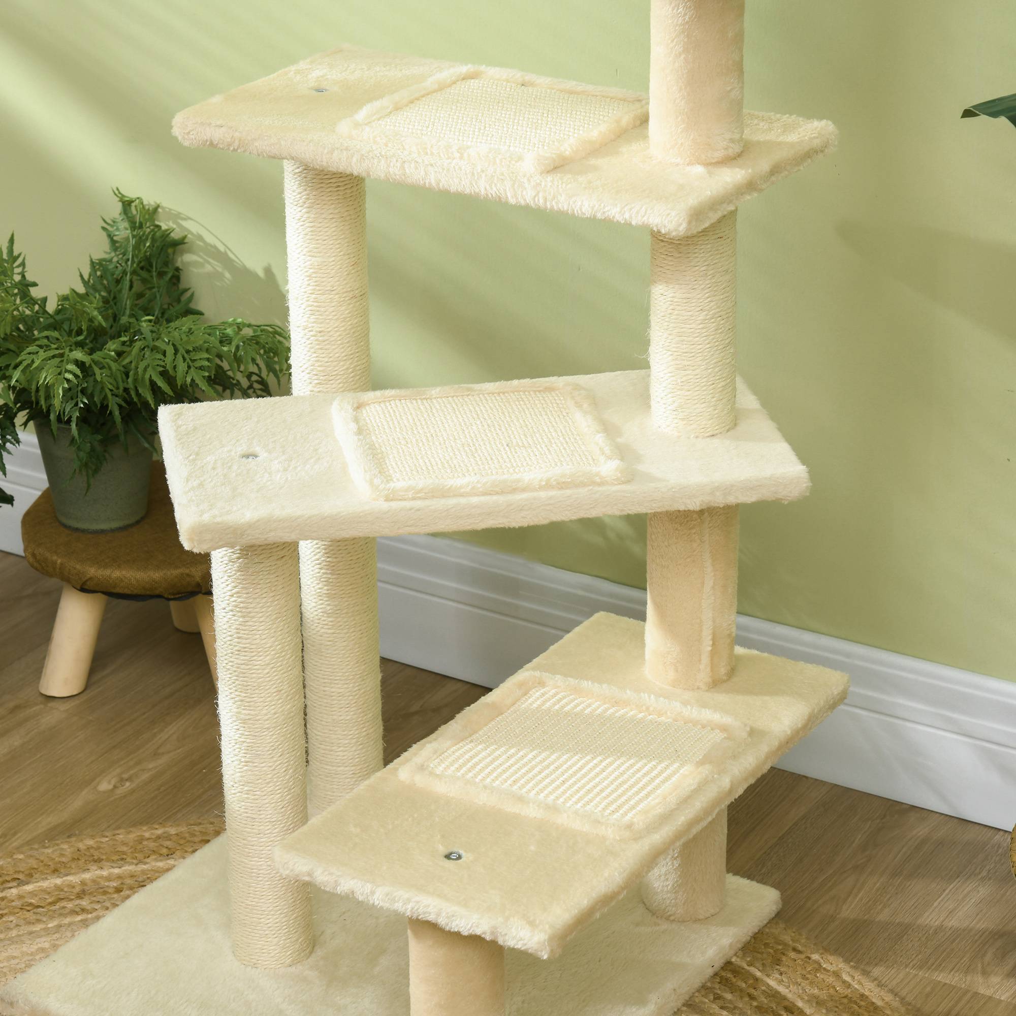 Arbre à chat PawHut 100 cm, tour avec poteaux sisal, grande plateforme, plusieurs niveaux, beige - Image 9