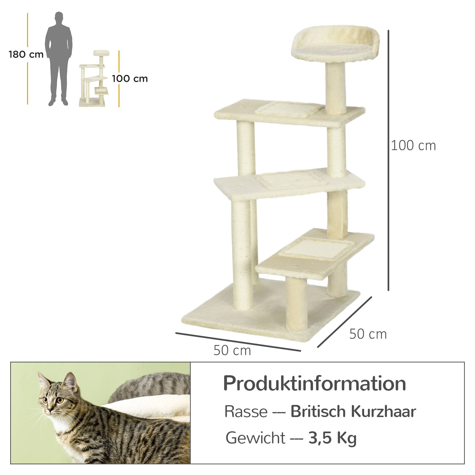 Arbre à chat PawHut 100 cm, tour avec poteaux sisal, grande plateforme, plusieurs niveaux, beige - Image 5
