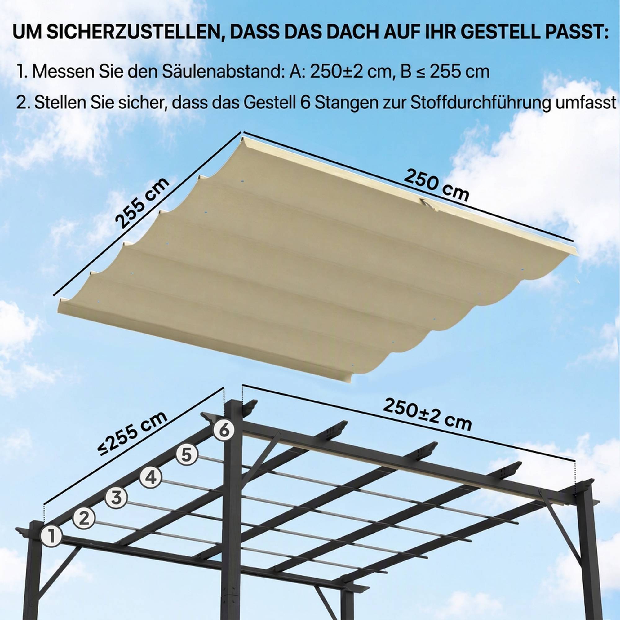Toit remplacement pergola 3x3 m rétractable trous évacuation résistant polyester beige 250x255 cm beige - Image 6