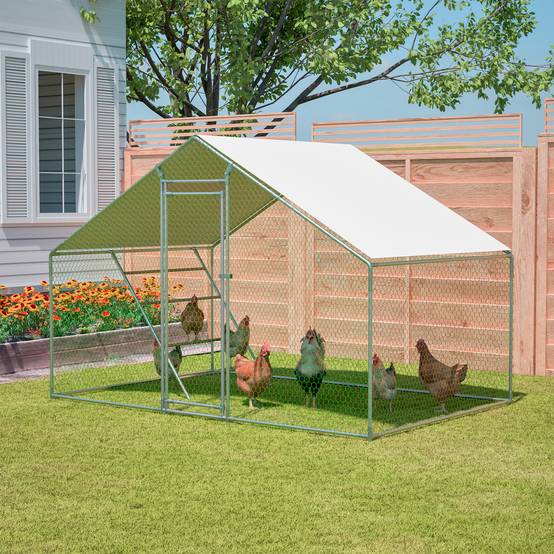 Enclos poulailler acier galvanisé 6.06m² pour poules bâche anti-UV et échelle 3x2x2m gris - ComfortXL Outdoor Living - Image 1