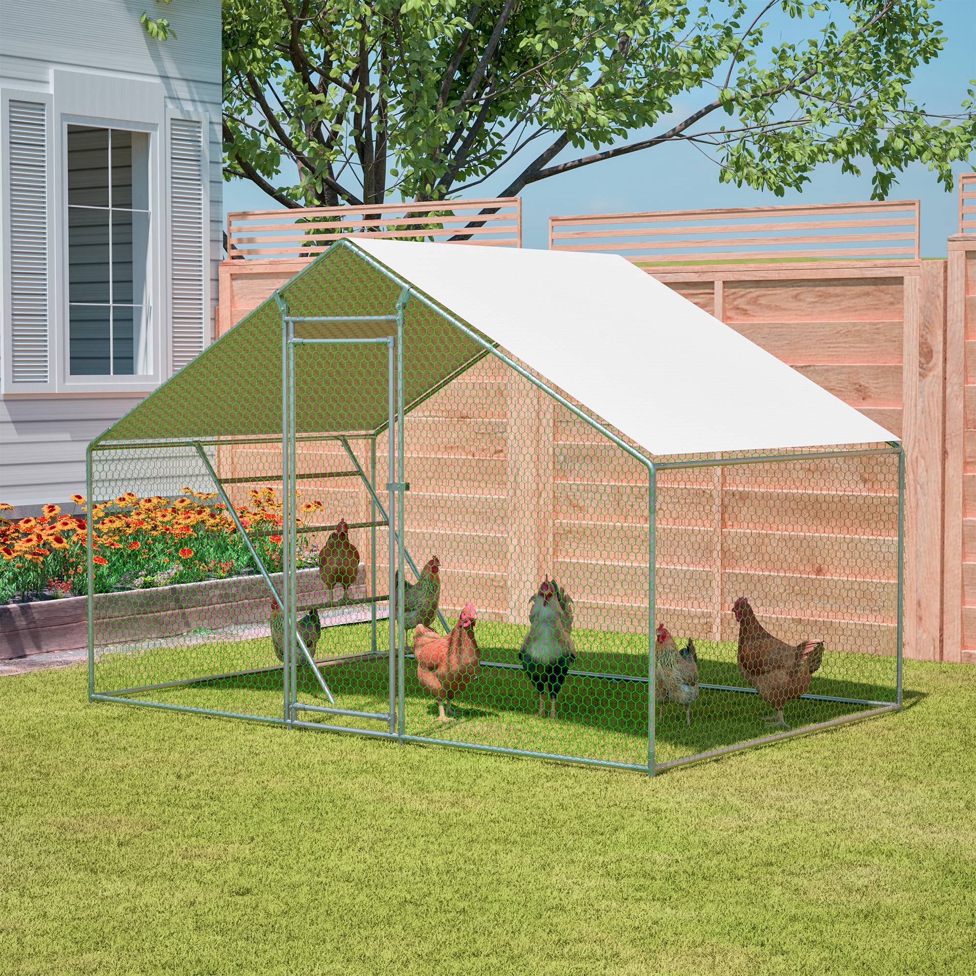 Enclos poulailler acier galvanisé 6.06m² pour poules bâche anti-UV et échelle 3x2x2m gris - ComfortXL Outdoor Living