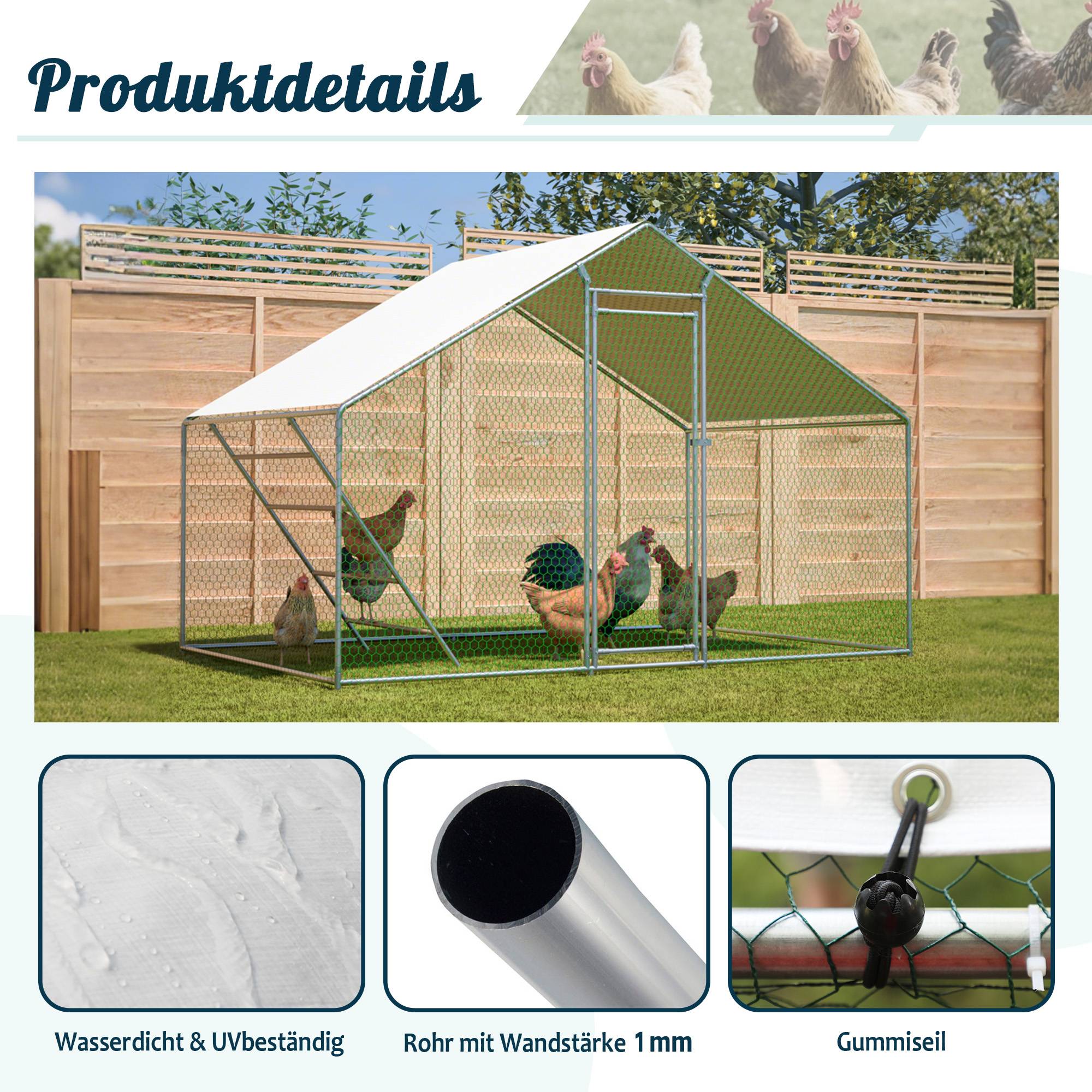 Enclos poulailler acier galvanisé 6.06m² pour poules bâche anti-UV et échelle 3x2x2m gris - ComfortXL Outdoor Living - Image 7