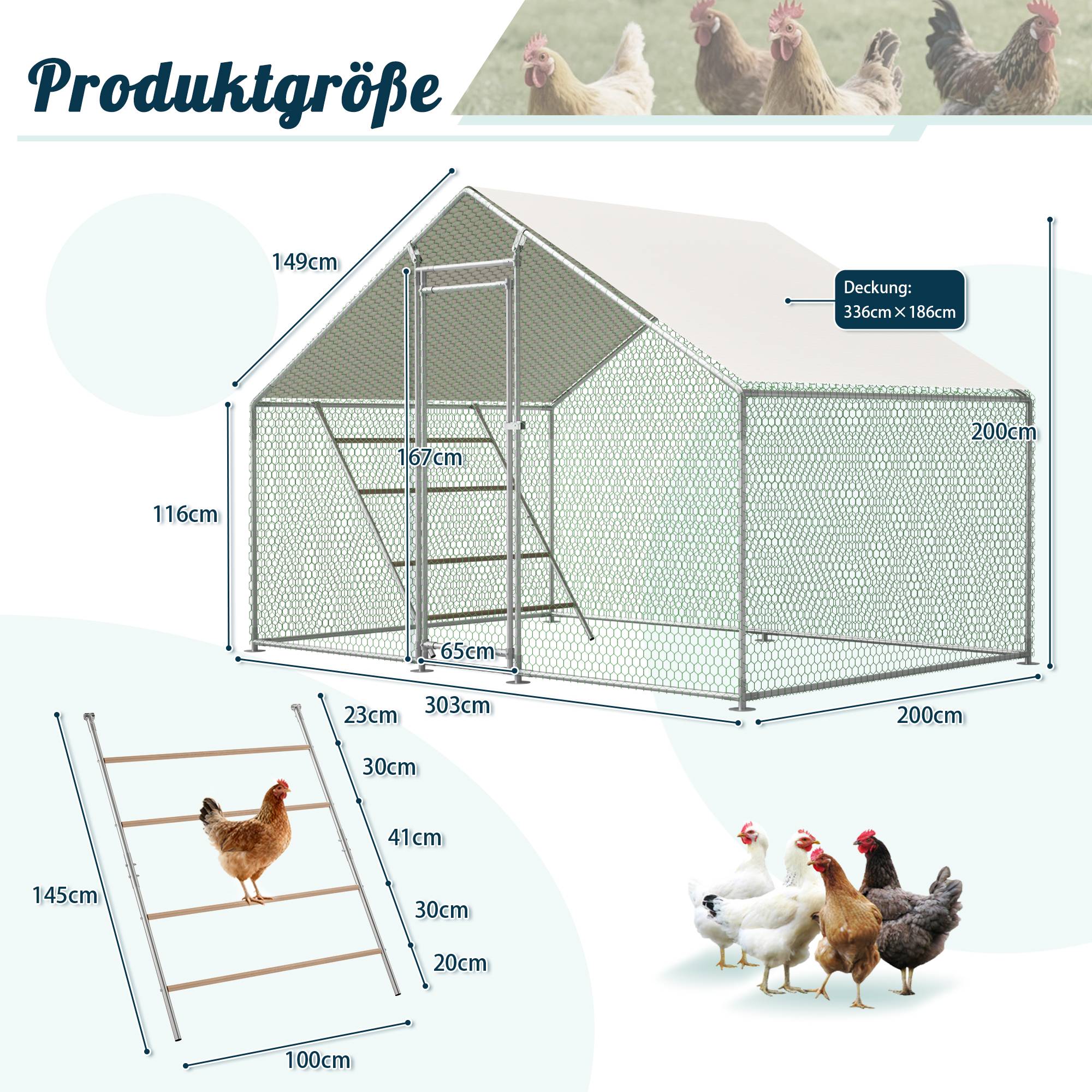 Enclos poulailler acier galvanisé 6.06m² pour poules bâche anti-UV et échelle 3x2x2m gris - ComfortXL Outdoor Living - Image 3