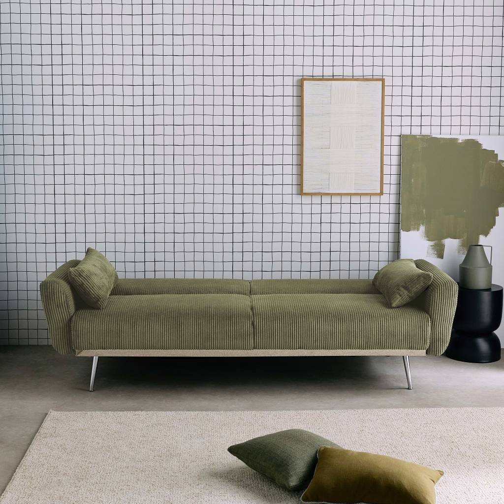 sweeek - Canapé convertible design en velours côtelé kaki - Oskar - 3 places scandinave droit avec pieds métal chromé | sweeek - Image 1