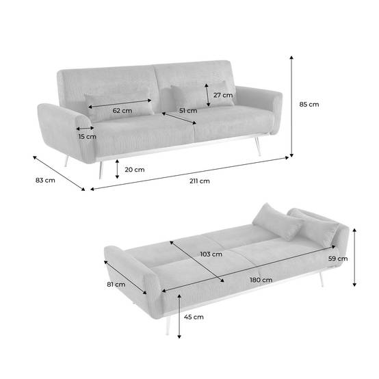 sweeek - Canapé convertible design en velours côtelé kaki - Oskar - 3 places scandinave droit avec pieds métal chromé | sweeek - Image 3