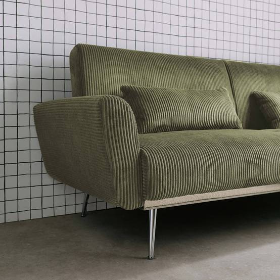 sweeek - Canapé convertible design en velours côtelé kaki - Oskar - 3 places scandinave droit avec pieds métal chromé | sweeek - Image 4