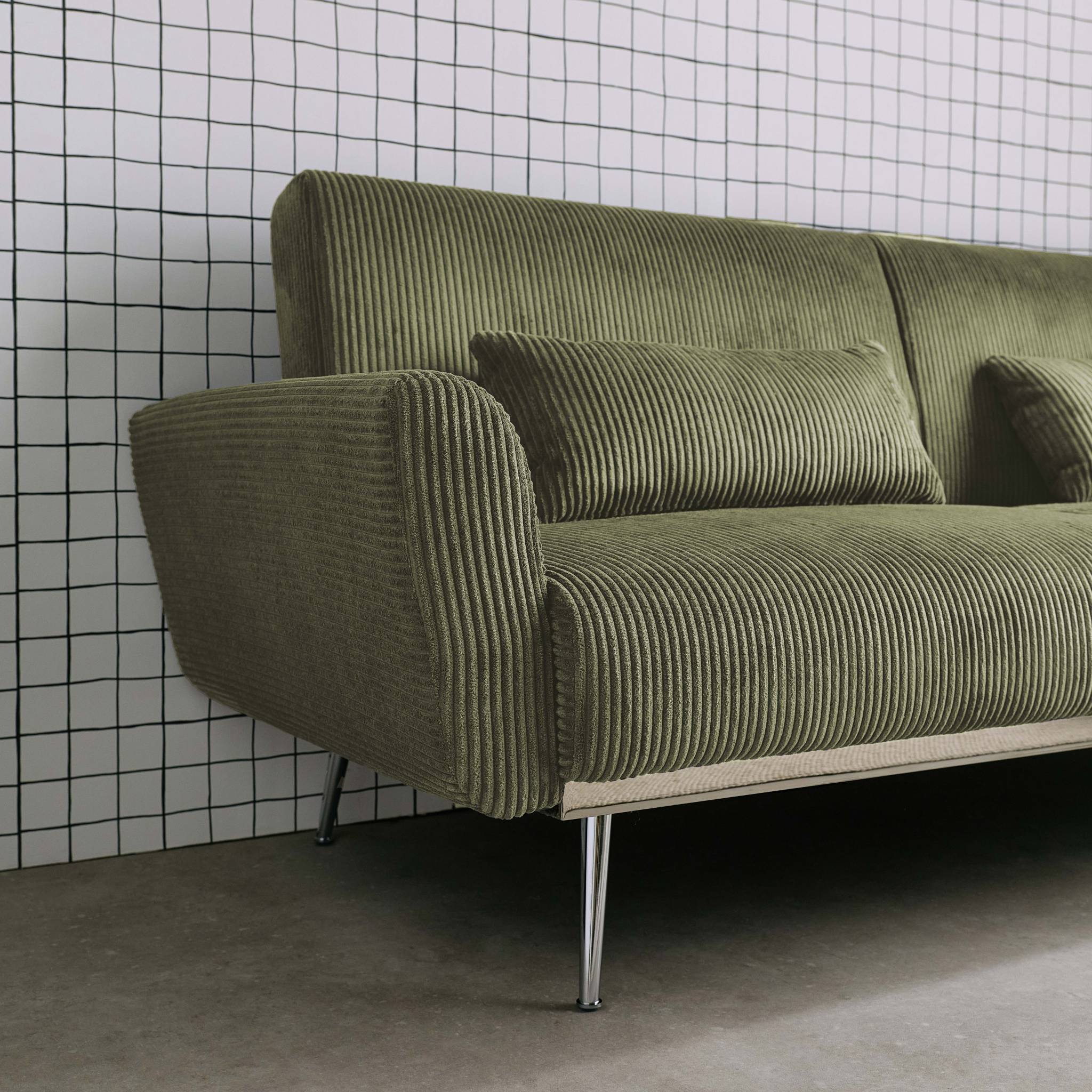sweeek - Canapé convertible design en velours côtelé kaki - Oskar - 3 places scandinave droit avec pieds métal chromé | sweeek - Image 4