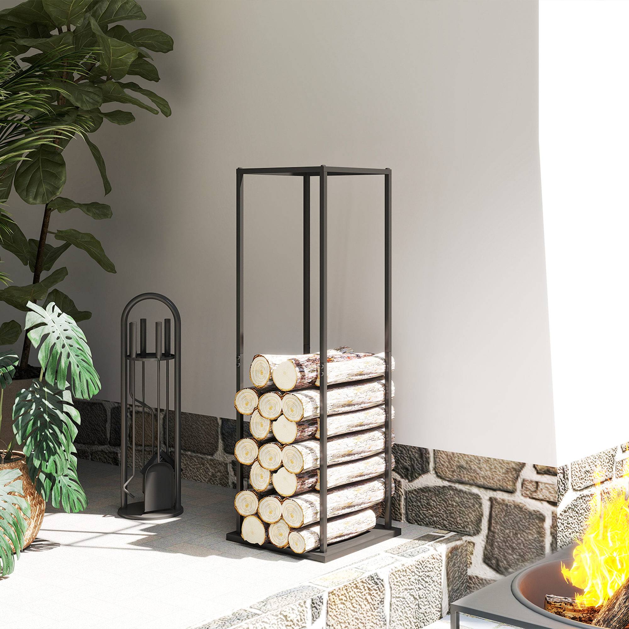 Porte-bûches en métal pour cheminée, support à bûches avec base surélevée, anti-basculement, capacité de charge 100 kg, 33 x 33 x 110 cm, noir - Image 4