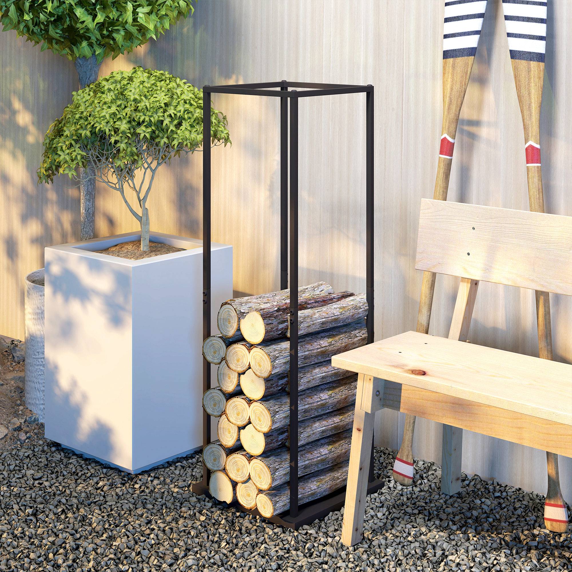 Porte-bûches en métal pour cheminée, support à bûches avec base surélevée, anti-basculement, capacité de charge 100 kg, 33 x 33 x 110 cm, noir - Image 9