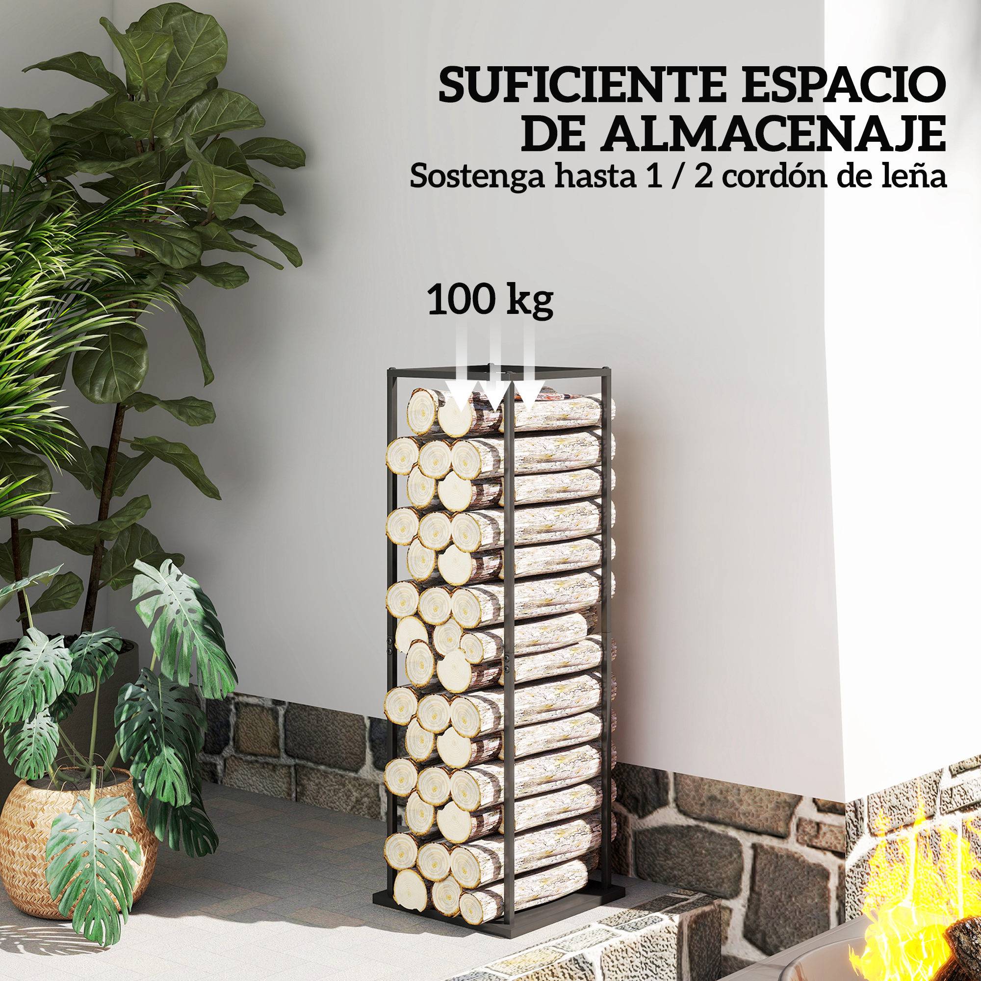 Porte-bûches en métal pour cheminée, support à bûches avec base surélevée, anti-basculement, capacité de charge 100 kg, 33 x 33 x 110 cm, noir - Image 6