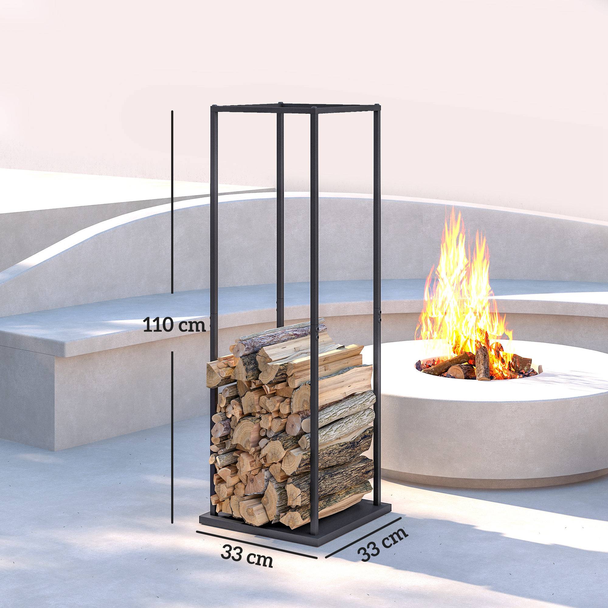 Porte-bûches en métal pour cheminée, support à bûches avec base surélevée, anti-basculement, capacité de charge 100 kg, 33 x 33 x 110 cm, noir - Image 5