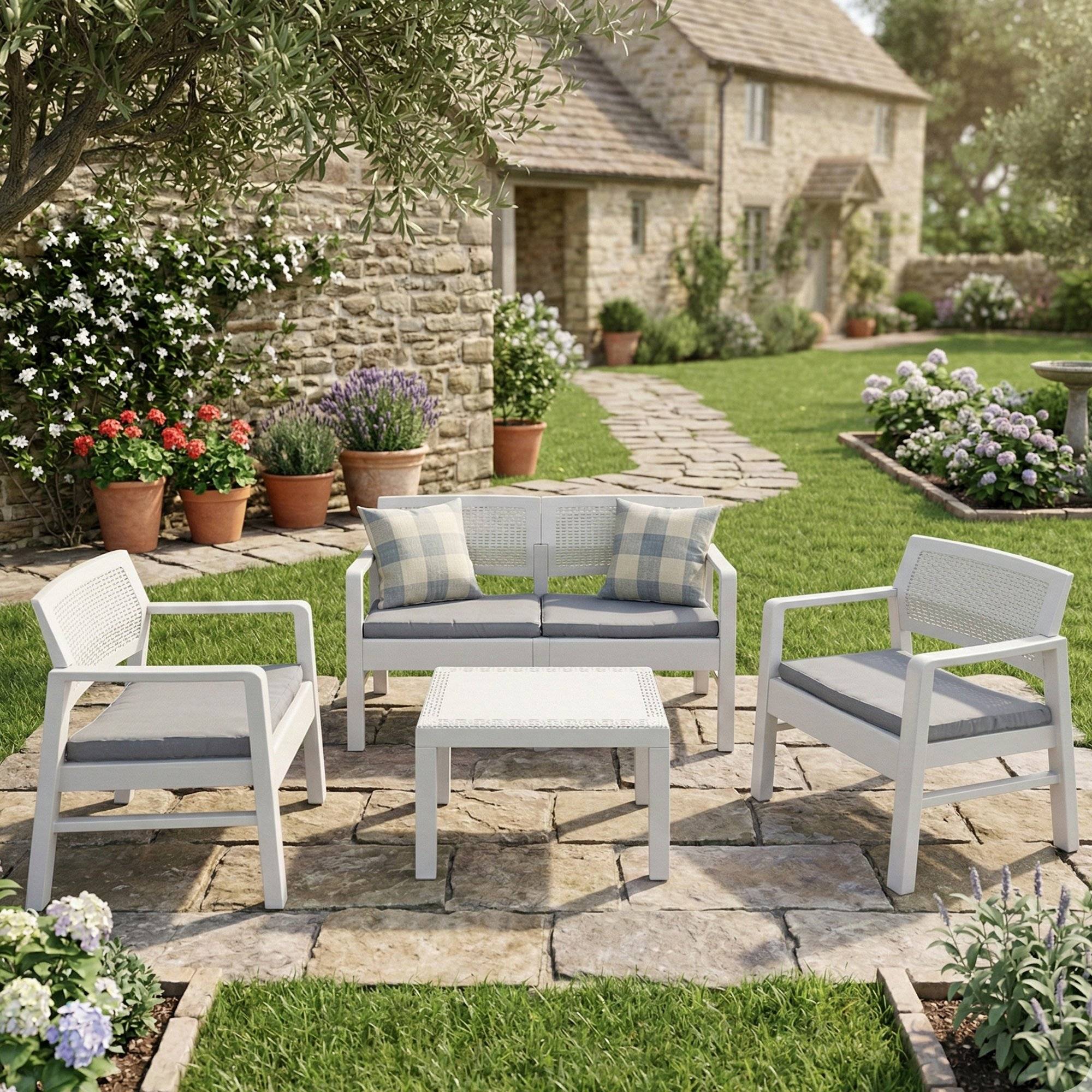 Dmora - Ensemble de salon d'extérieur Carpi, Composition de jardin avec 2 fauteuils, 1 canapé et 1 table basse, Salon effet rotin avec coussins, Blanc - Dmora - Imagen 2