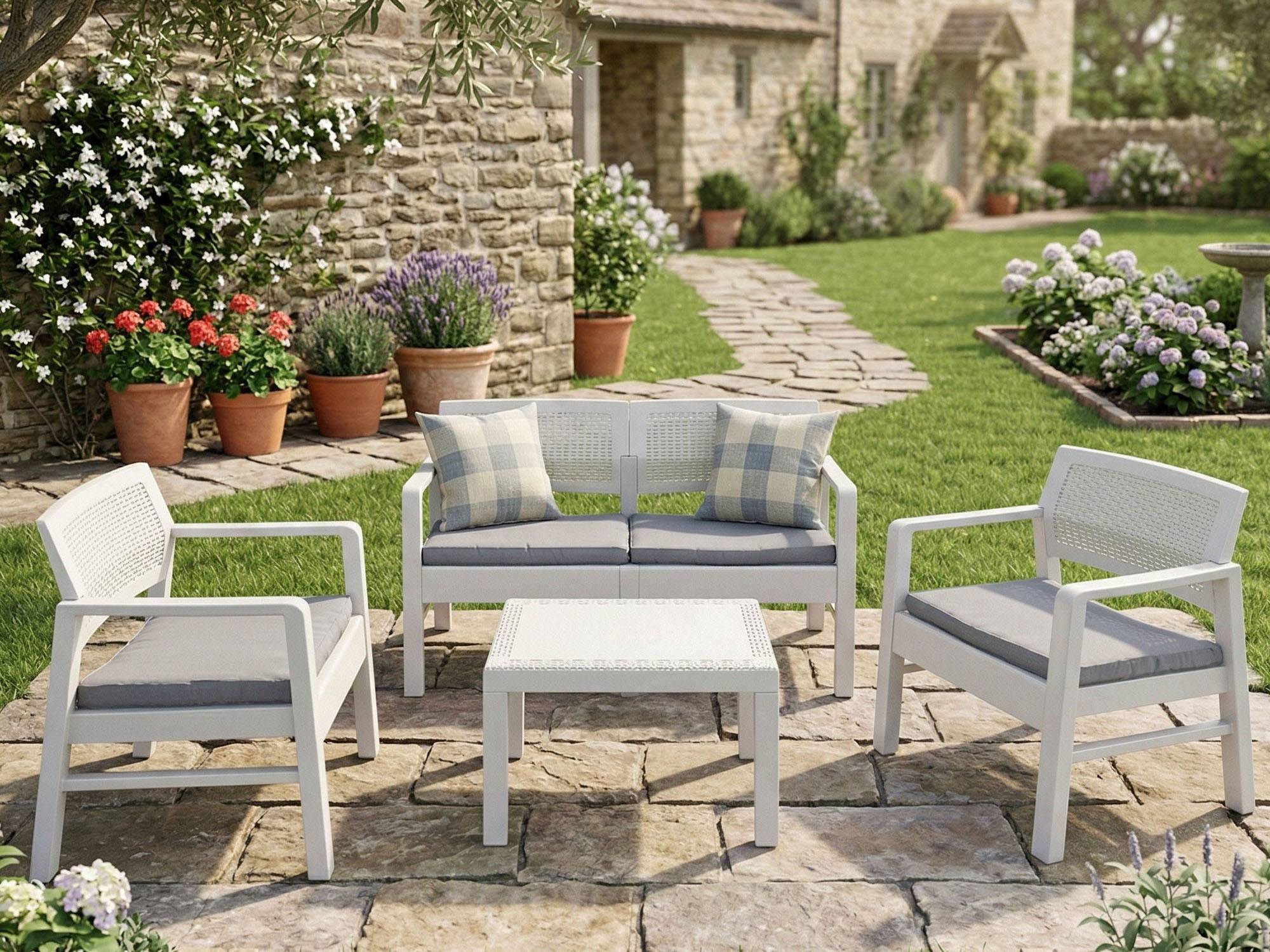 Dmora - Ensemble de salon d'extérieur Carpi, Composition de jardin avec 2 fauteuils, 1 canapé et 1 table basse, Salon effet rotin avec coussins, Blanc - Dmora - Imagen 4