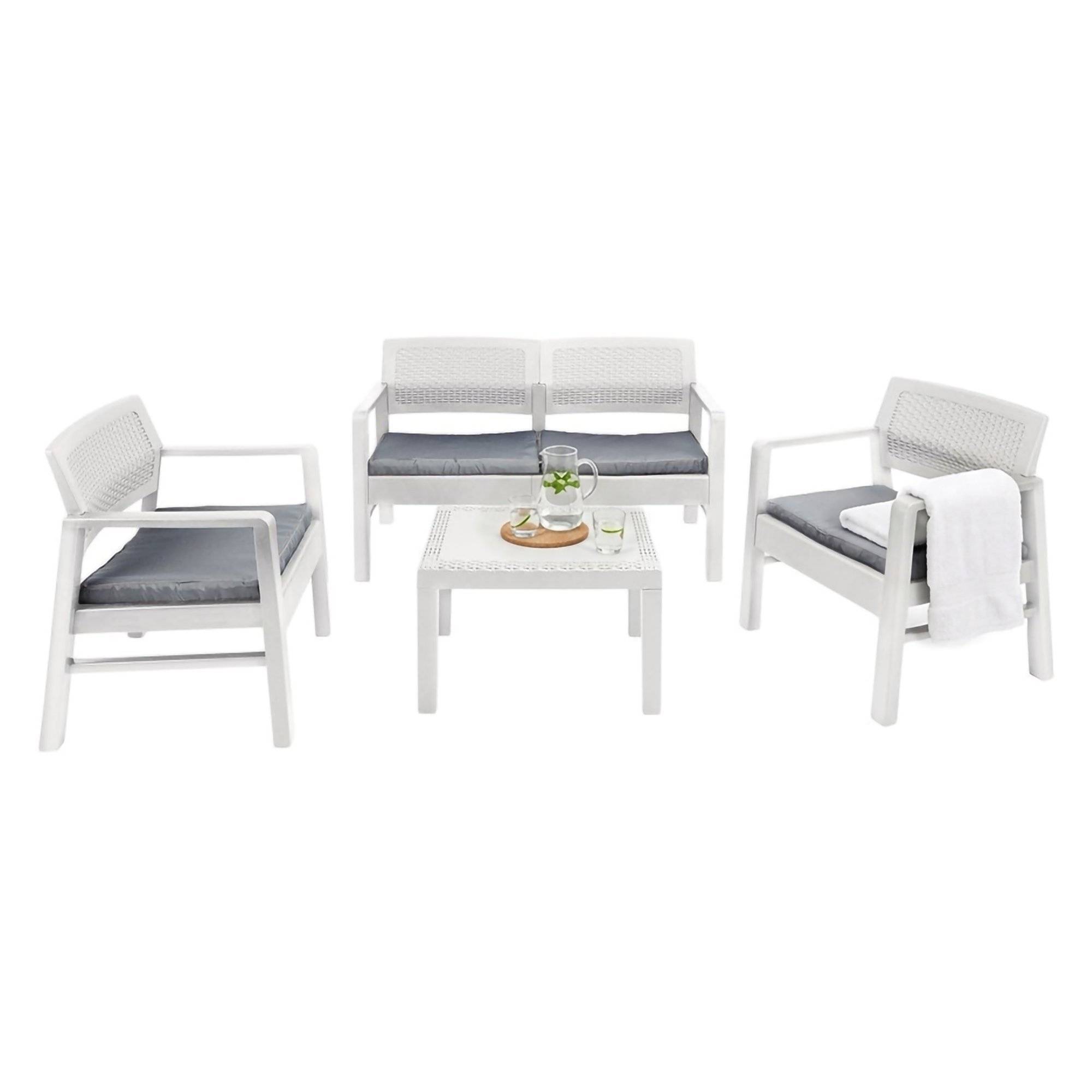 Dmora - Ensemble de salon d'extérieur Carpi, Composition de jardin avec 2 fauteuils, 1 canapé et 1 table basse, Salon effet rotin avec coussins, Blanc - Dmora - Imagen 1
