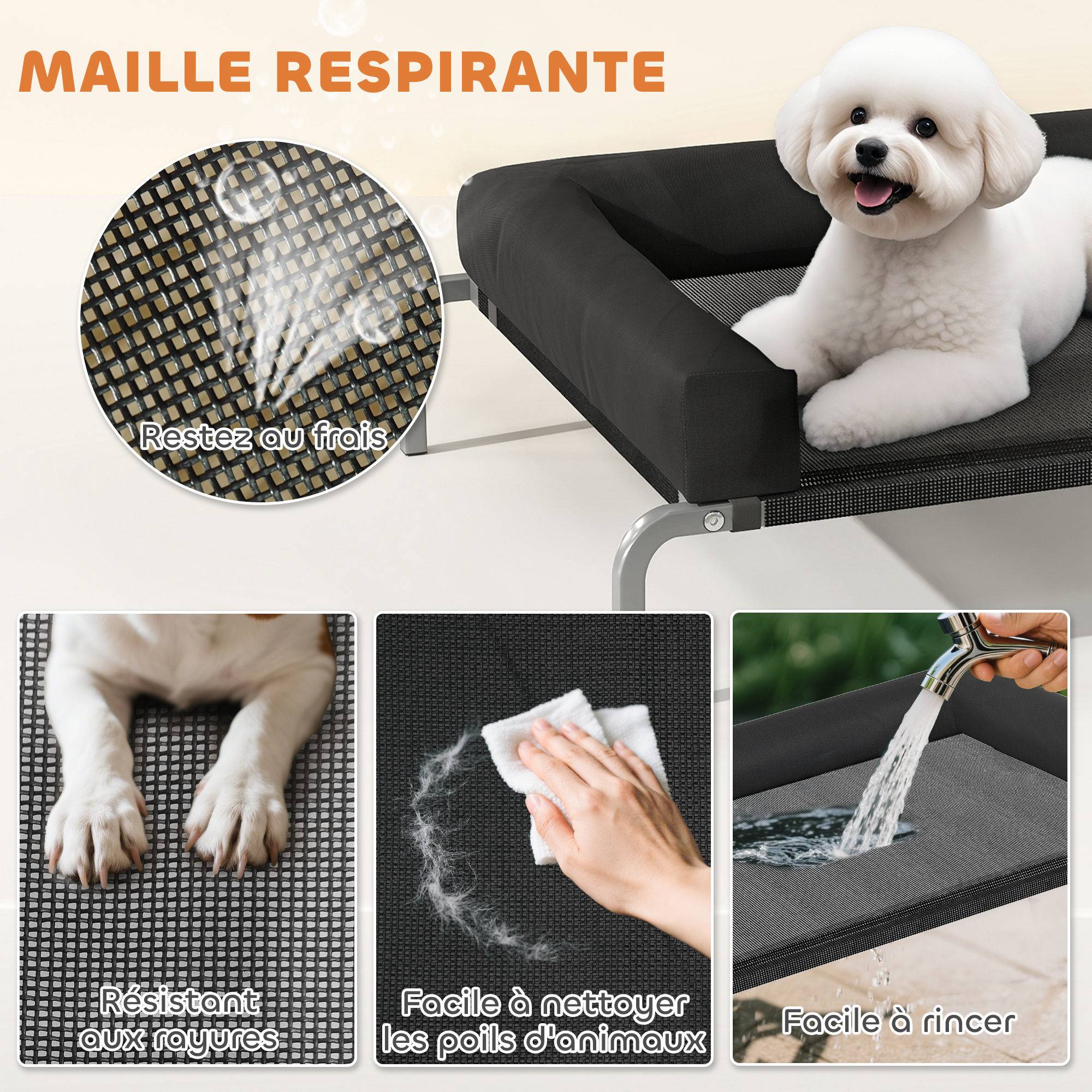 Lit surélevé chien toile Oxford intérieur extérieur rafraîchissant 90x65x30cm noir - ComfortXL Outdoor Living - Image 8