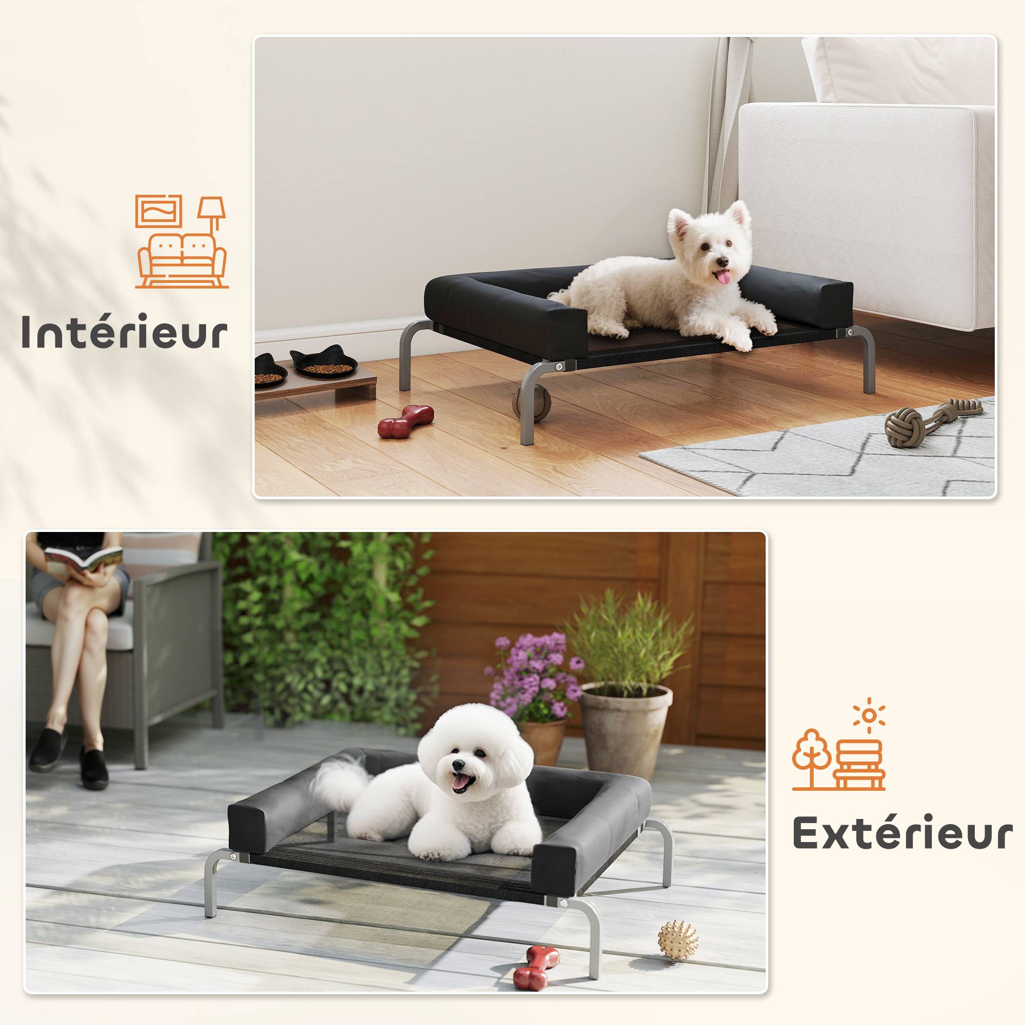 Lit surélevé chien toile Oxford intérieur extérieur rafraîchissant 90x65x30cm noir - ComfortXL Outdoor Living - Image 9