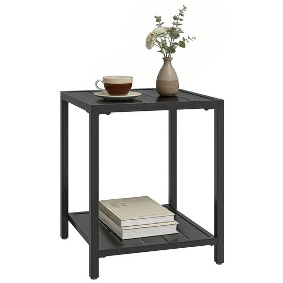 Table basse extérieure à 2 niveaux en métal, table de jardin carrée avec étagère de rangement, 45 x 45 x 54 cm, noir - Image 1