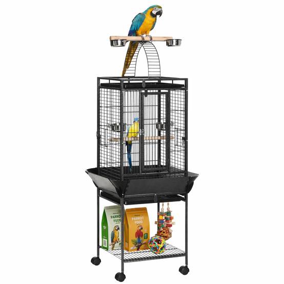 Cage pour perruches avec 2 perchoirs et échelle arquée, en acier, 62,5x62,5x156 cm, grise - Image 1
