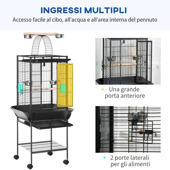 Cage pour perruches avec 2 perchoirs et échelle arquée, en acier, 62,5x62,5x156 cm, grise - Image 8
